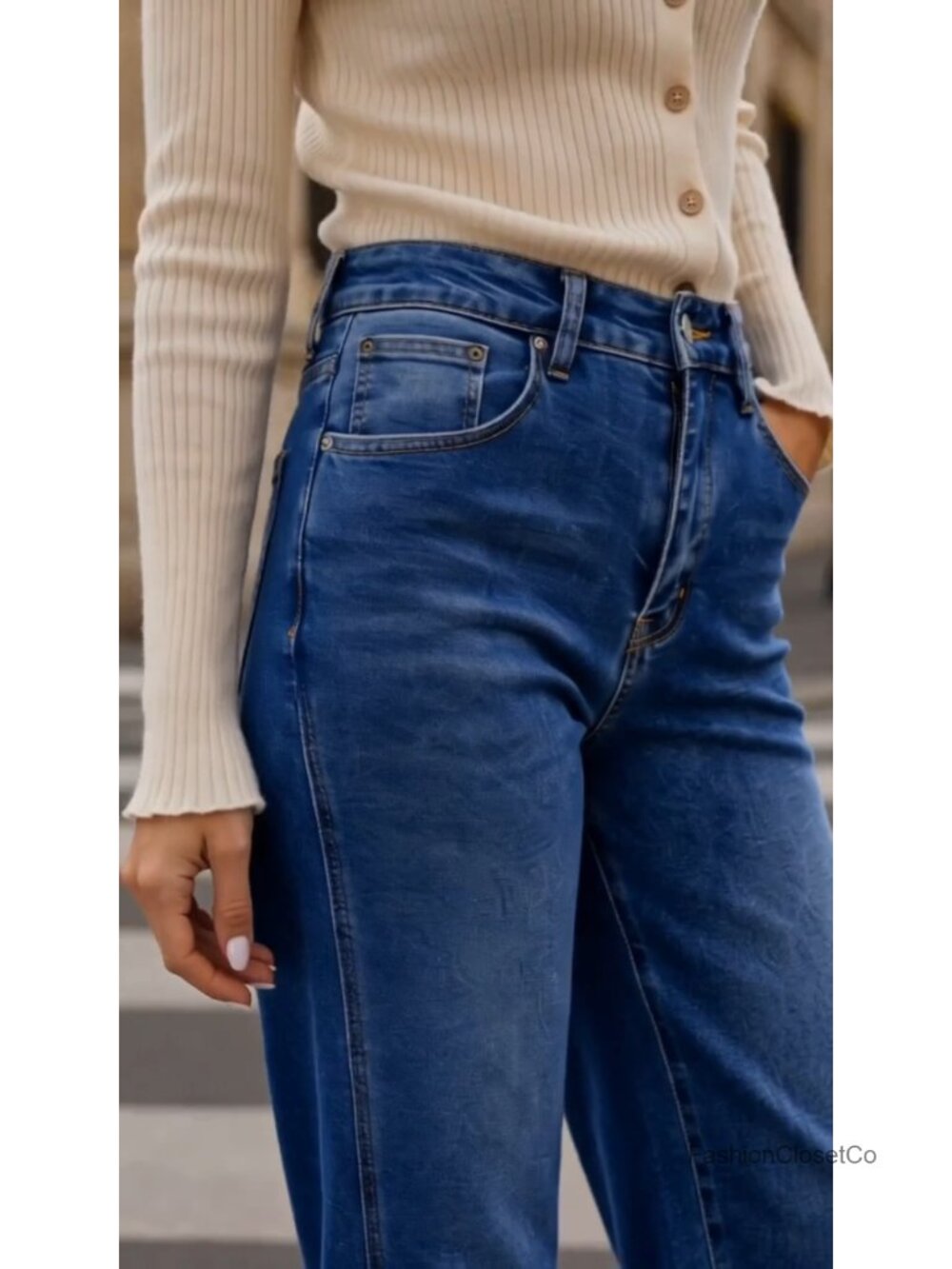 Cuffed Barrel Wide Leg Jeans High Rise Stretch Denim - Picture 6 of 6